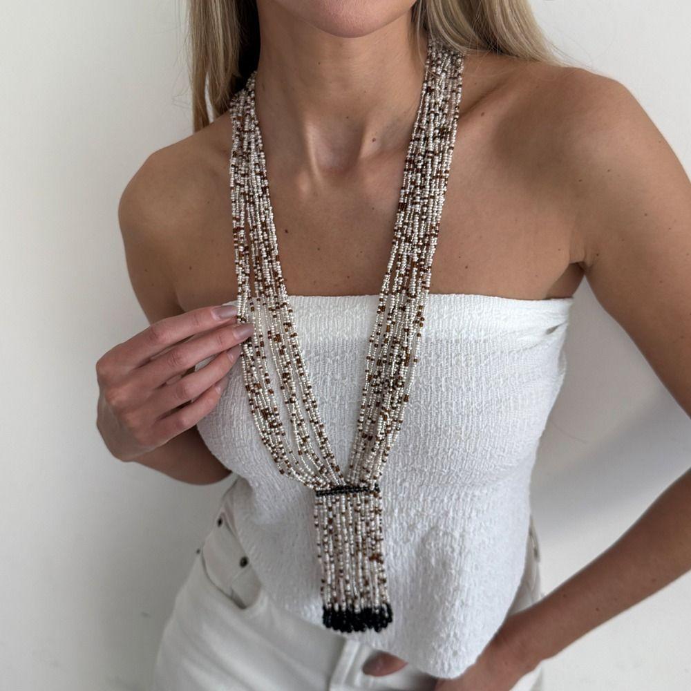 Floral Multi-Layer Beads Necklace Metal Chain Tassel Collarbone Chain Multi Layer Choker Girls