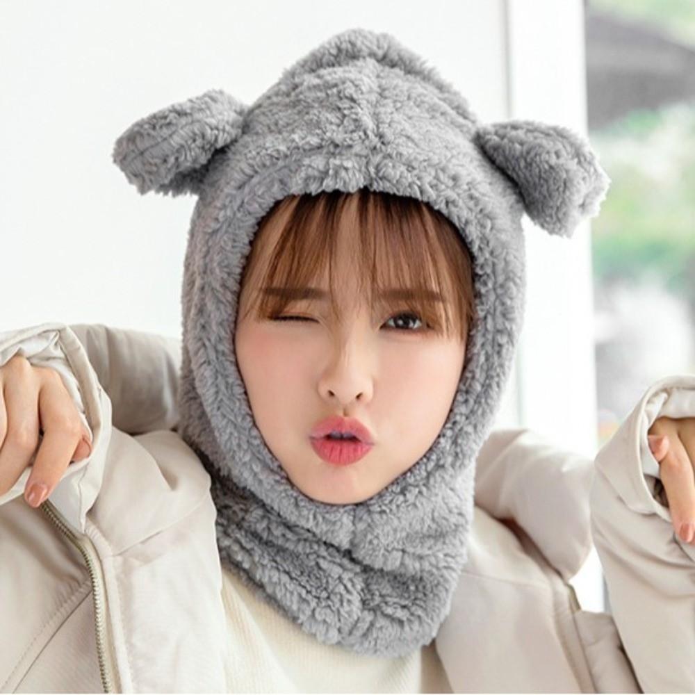 Cute Winter Warm Hedging Cap Cartoon Plush Hat Scarf Casual Bear Ear Hat Scarf  Autumn