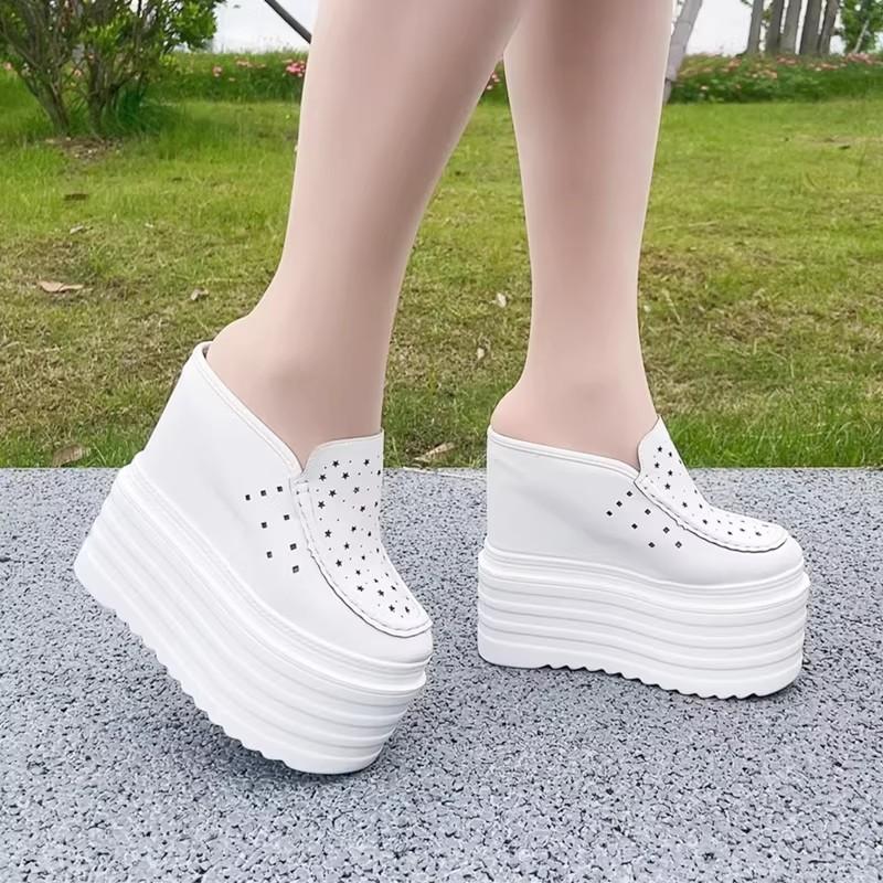 Fashion 13CM Women's Flat Shoes Mules Summer 2025 Fashion Leather Fashion Breathable Platform Slippers Thick Bottom Women Slippers