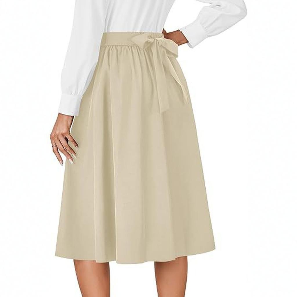 Women's Retro High-waisted Pleated Back Tie Flared A-line Midi Skirt