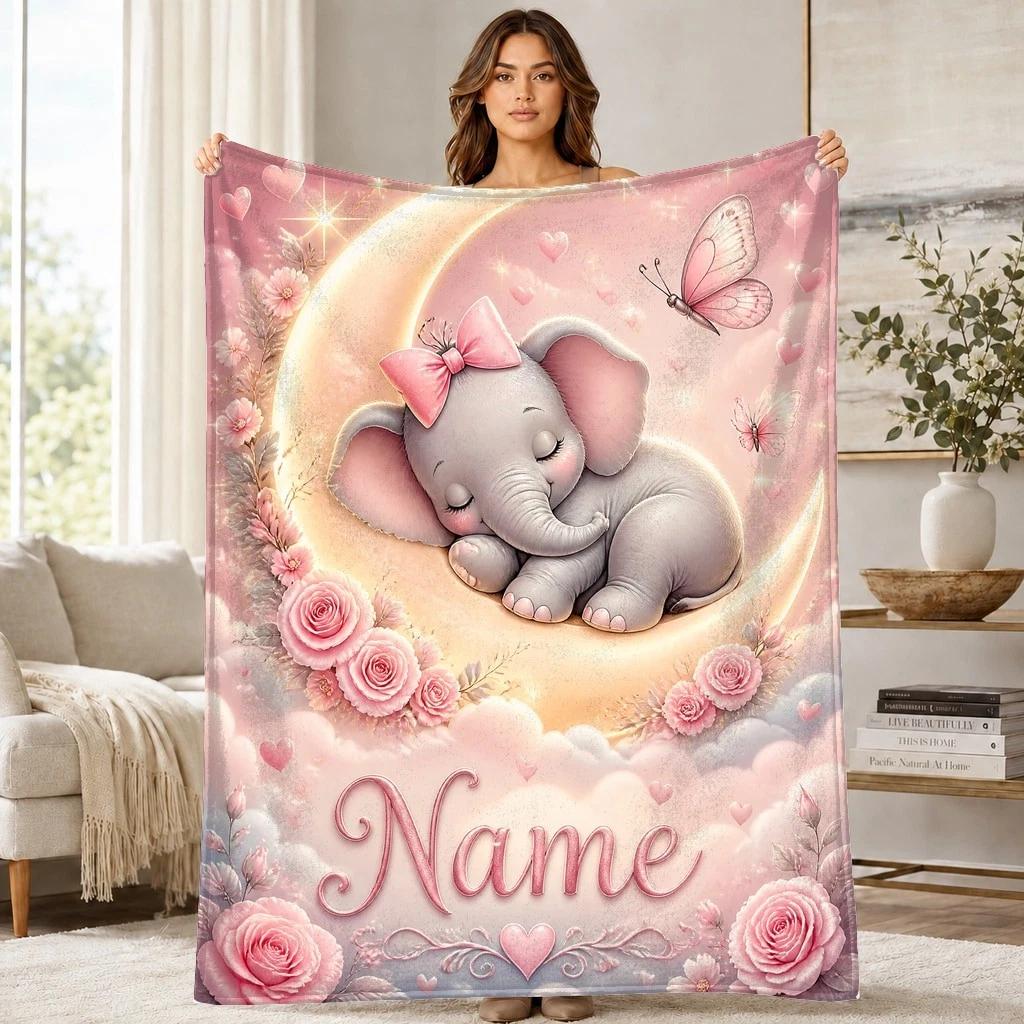 Sleeping Baby Elephant Moon Coral Fleece Blanket Nursery Decor