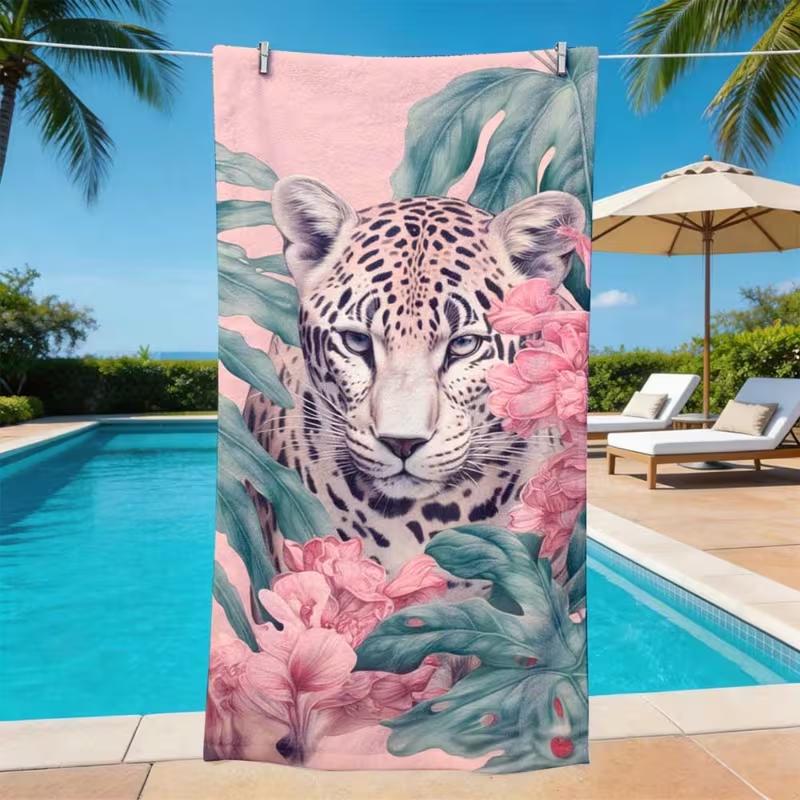 Pink Base Floral Leopard Tropical Leaf Beach Towel Soft Quick Dry Sandproof Towel Fashion Summer Beach Pool Vacation Towel