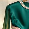 Spring Autumn Women's Round Neck Blouse High-end Pearl Satin Shirt Top