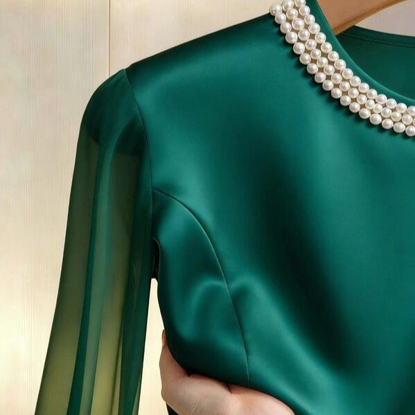 Spring Autumn Women's Round Neck Blouse High-end Pearl Satin Shirt Top
