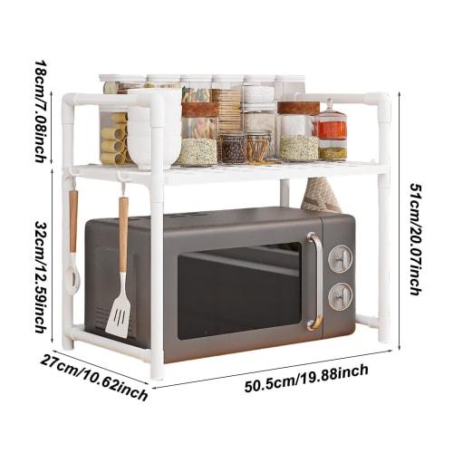 Microwave Shelf, Microwave Rack - Countertop Organization Rack, Adjustable Countertop Utility Storage Rack with Hooks for Kitchen