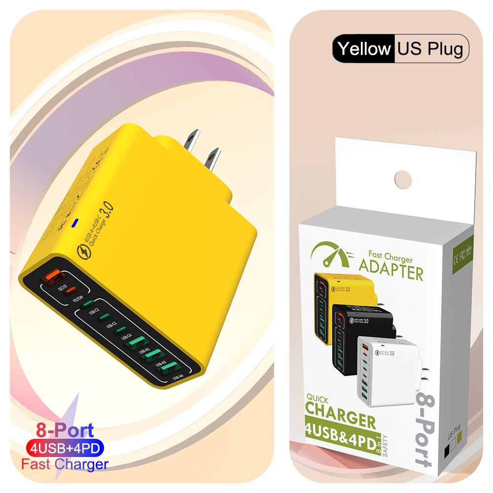 Fast 8-Port Charger: 4 USB, 4 PD, 55W, QC3.0 – Compatible with European, American, Korean Standards