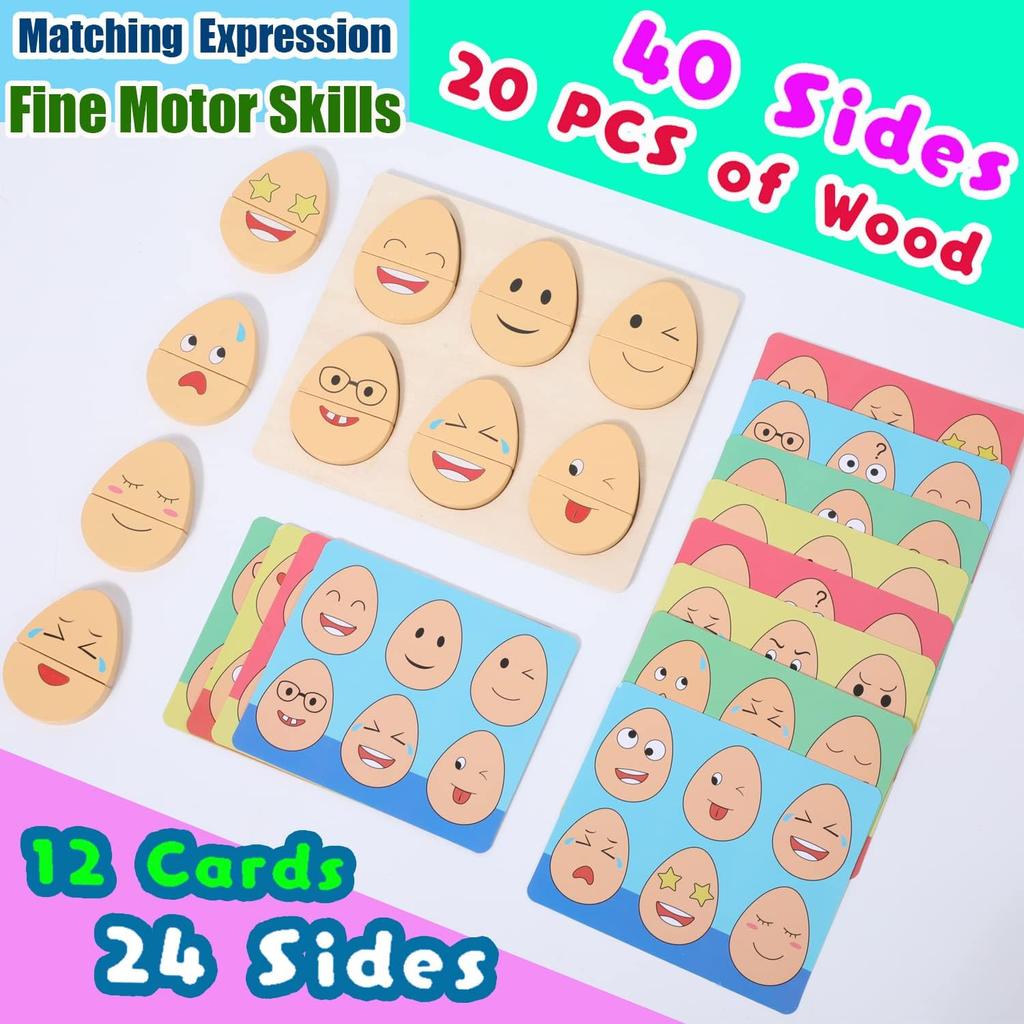 Montessori Toys for Toddlers,Wooden Changing Egg Expression Puzzle, Expression Matching Game, Parent-Child Interaction Game