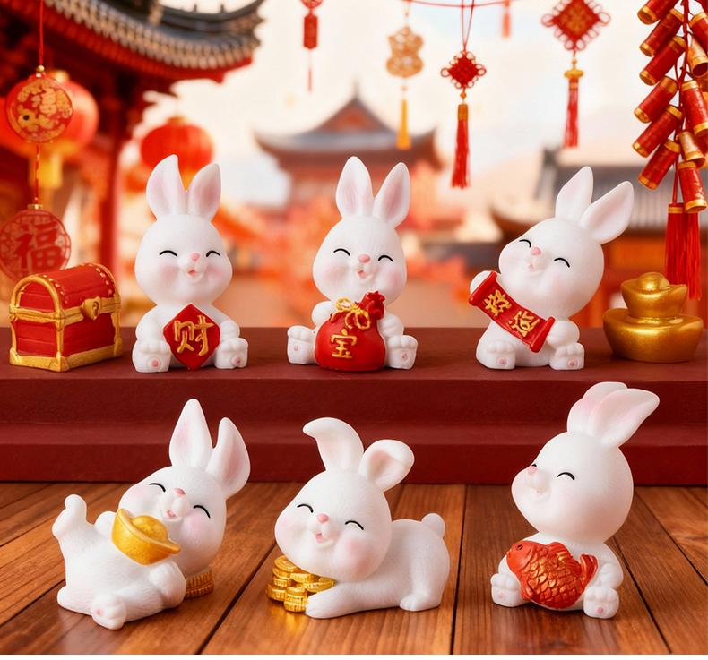 6Pcs Mini Rabbit Ornament Resin Craft Bunny for Desktop Garden Scene Decor Tiny Animal Statue Collection Gift Idea New Year