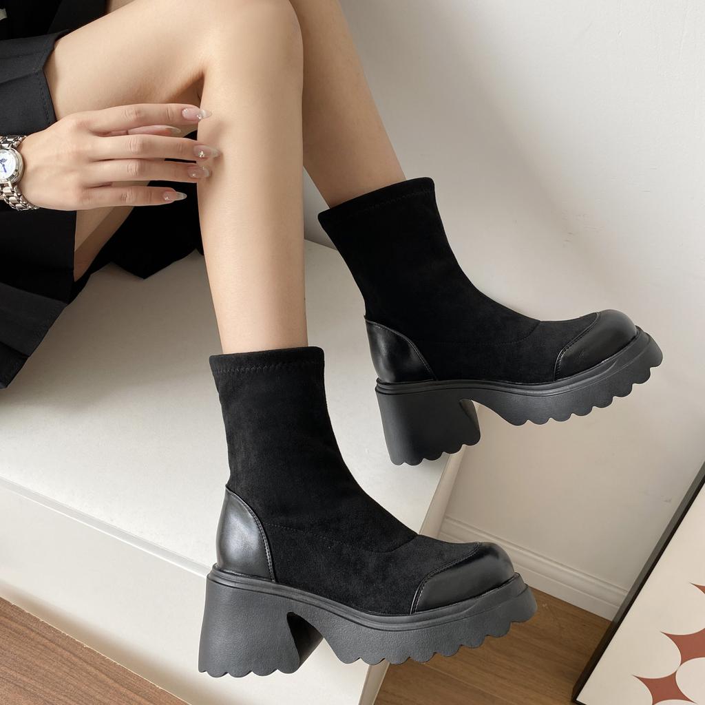 Super High Heel Martin Boots Women's Short Boots 2025 Spring and Autumn Thick-soled Elastic Boots Sleeve 9cm Height Increase Small Thin Boots