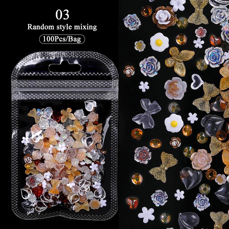 100Pcs Aurorals Nail Art Decoration Shell Pearl 3D Nail Charms Mixed Style Colorful Resin Butterfly Bowknot Manicure Nail Supply