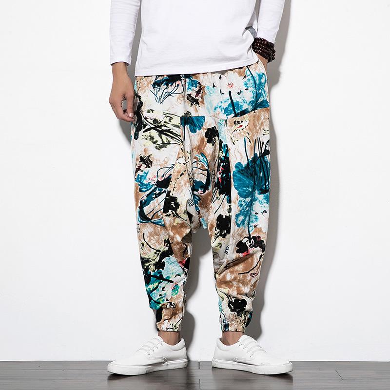 2023 Spring Men's Chinese-Style Cotton Linen Harem Pants - Printed Hip Hop Trousers