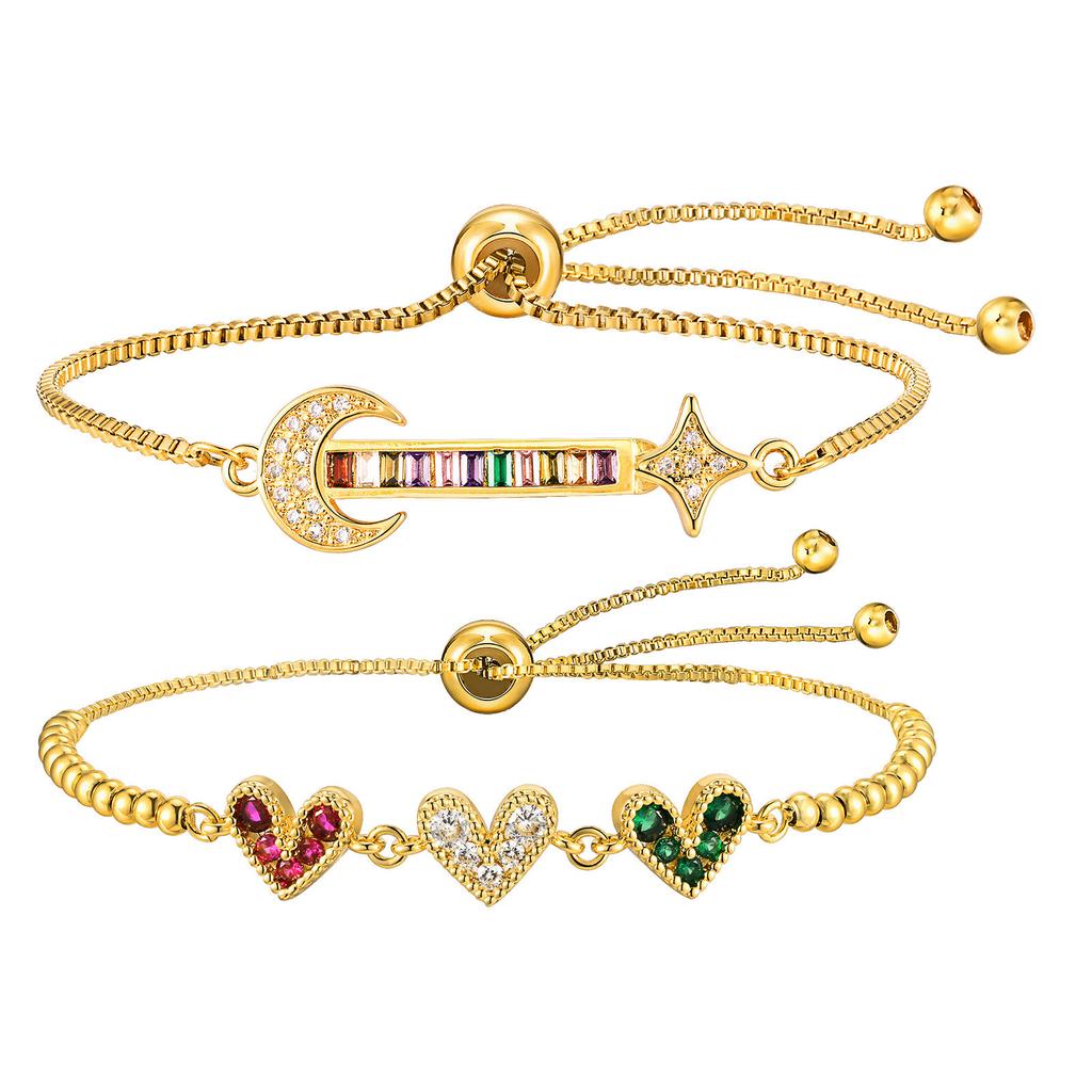 Colored Zircon Stone Heart Women's Bracelet Moon Star Adjustable Box Chain Wristband Jewelry Gift For Girlfriend Valentine's Day