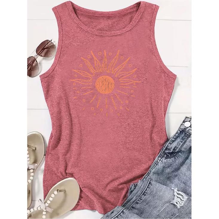 2026 Trendy Hand Painted Sun Line Print Women Sleeveless Tank Top High Quality Casual Spring Summer Vest S кирпич красный