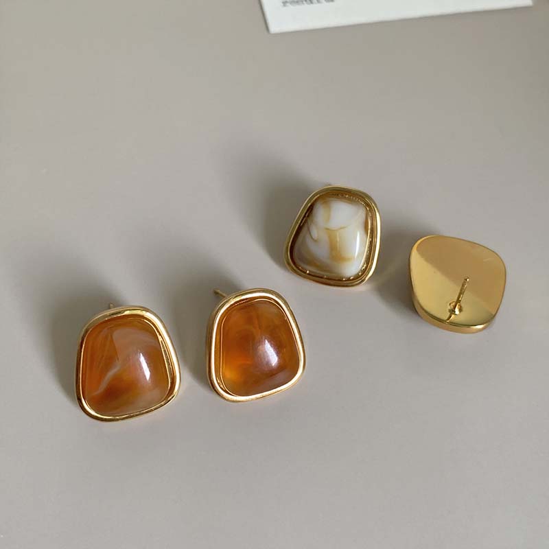 Vintage Coffee Color Square Resin Stud Earrings For Women Girls Fashion Metal Irregular Geometric Earrings Zircon 2023 Trendy