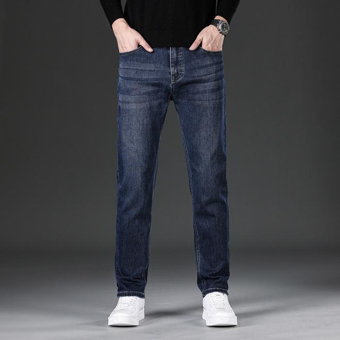 Blugi business clasici retro albaștri pentru bărbați, toamnă și iarnă, asortați cu pantaloni din denim moale, elastic, negri și albaștri pentru bărbați