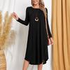 Women's Casual Round Neck Long Sleeve Curved Hem Loose Long Dress With Pocket