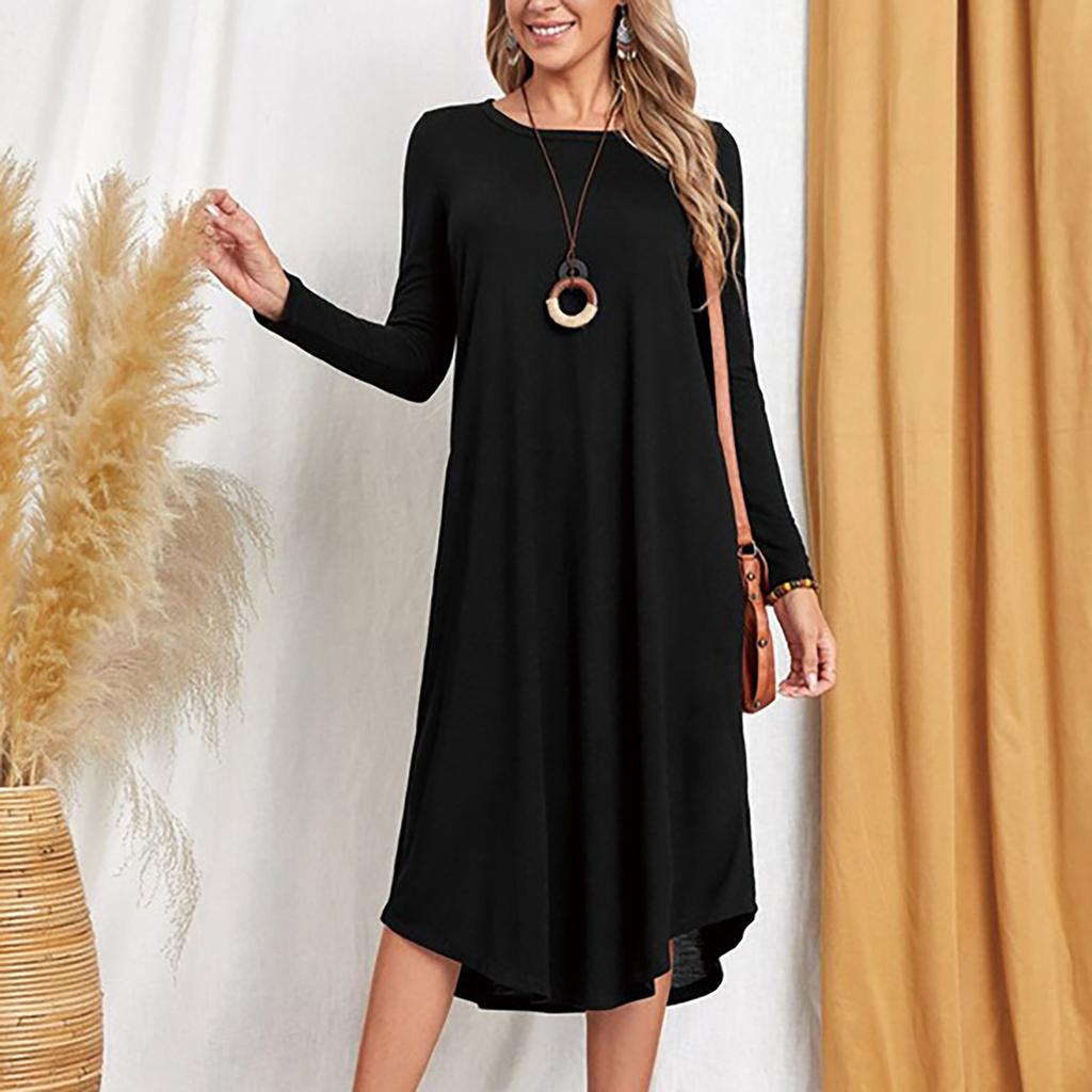 Women's Casual Round Neck Long Sleeve Curved Hem Loose Long Dress With Pocket