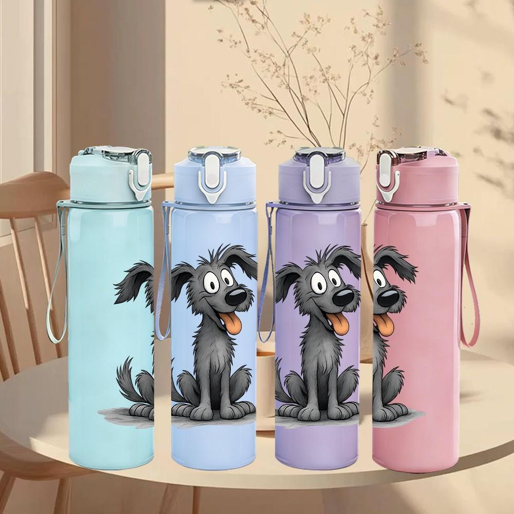 1PC Cute Grey Dog Cartoon 750ml Color Plastic Sports Water Bottle Leakproof Flip Straw Lid Suitable for Sports Office Home Use