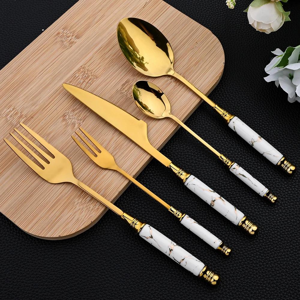 24Pcs Cutlery Set Stainless Steel Dinnerware Kitchen Fork Knife Tea Spoon Tableware Set Flatware Set Gold Silverware Set