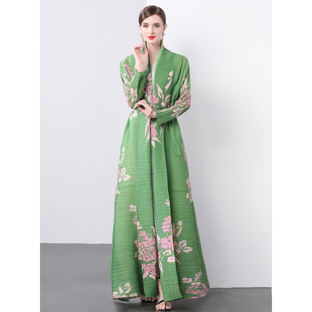 Spring Autumn Women Print Long Maxi Elastic Lace-up Coat Robe