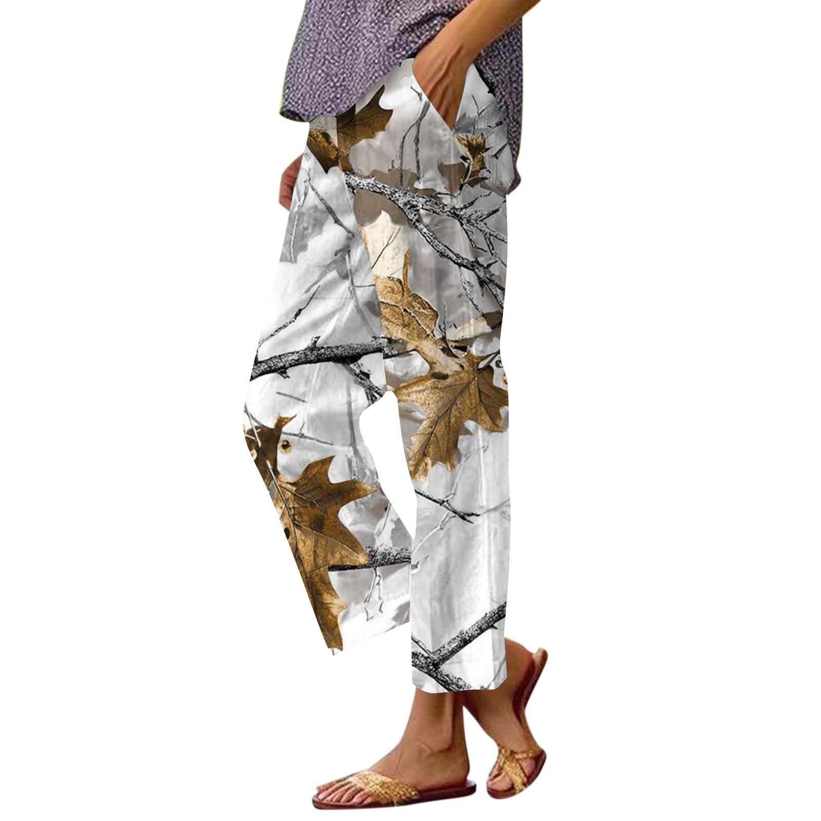Women s fashion printed pocket elastic waist casual pants S