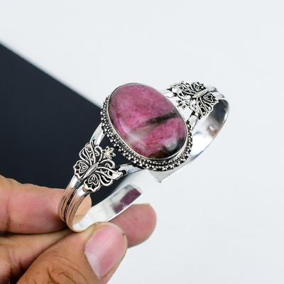 Bracciale a Manetta Artigianale in Argento Sterling 925 con Pietra Preziosa Rodonite Naturale, Bracciale Rodonite, Per Moglie, Bracciale Unisex, Regali per Abbigliamento da Festa