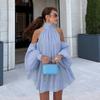 European and American holiday style neck chiffon top women's summer heap collar off the shoulder loose bubble sleeve pleated shirt