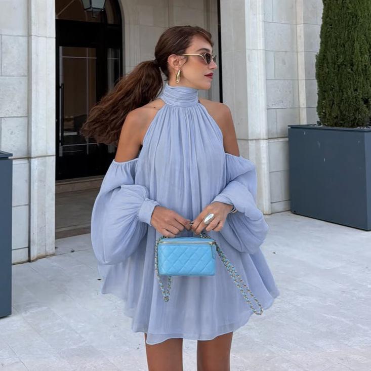 European and American holiday style neck chiffon top women's summer heap collar off the shoulder loose bubble sleeve pleated shirt
