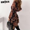 GMXIA Women Summer Chiffon Floral Print V Neck Long Sleeve Slim Fit Flouncing Dress