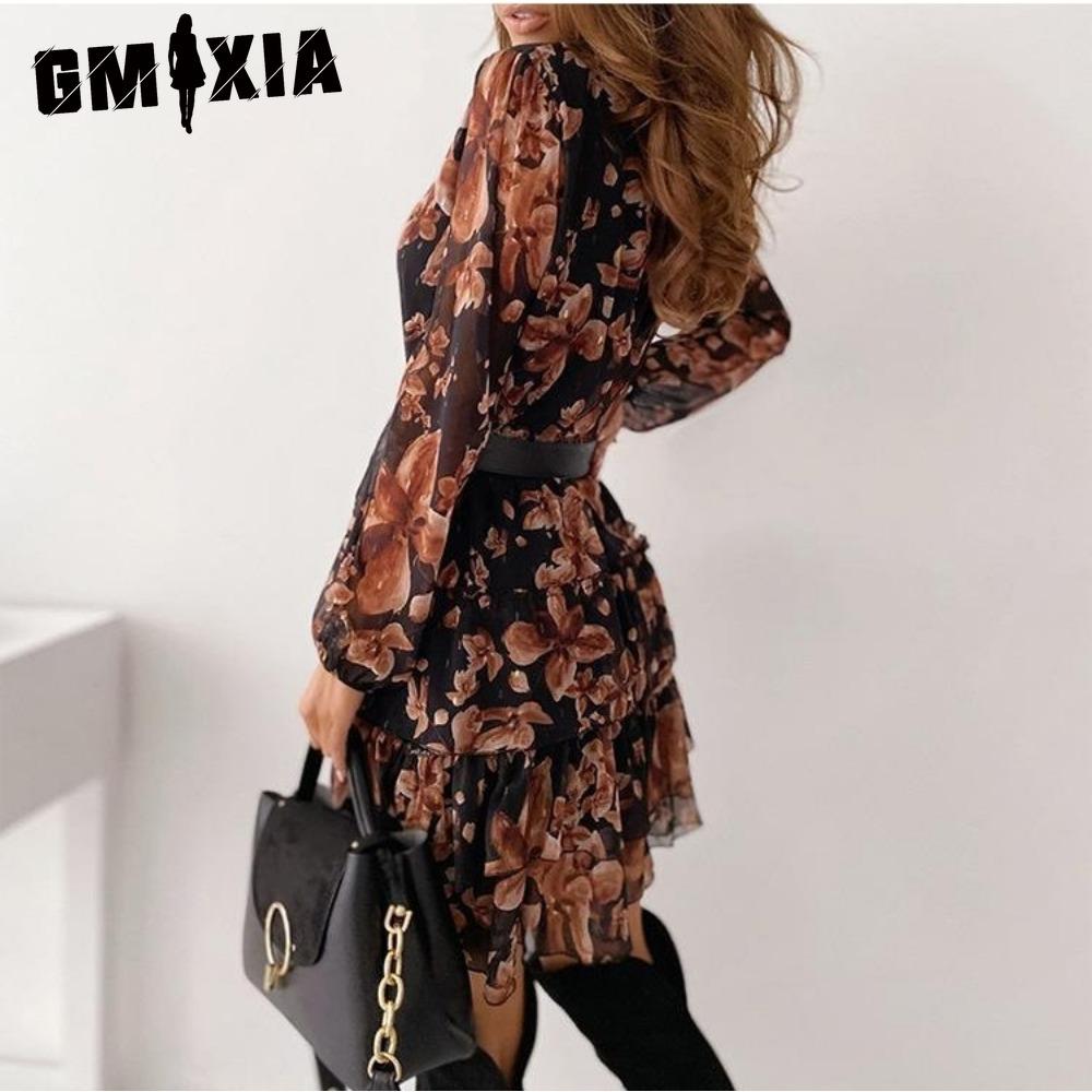 GMXIA Women Summer Chiffon Floral Print V Neck Long Sleeve Slim Fit Flouncing Dress