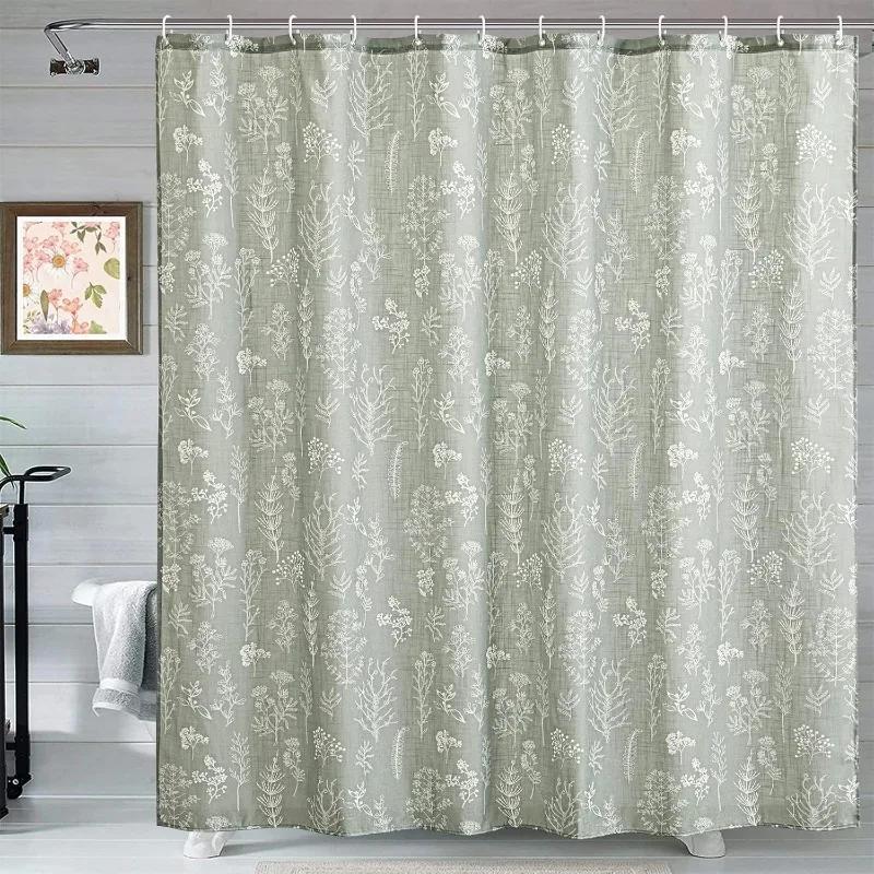 Green Botanical Linen Shower Curtain Extra Long 84 Inches Long, Spring Summer Boho Plants Leaves Textured Fabric Bathroom