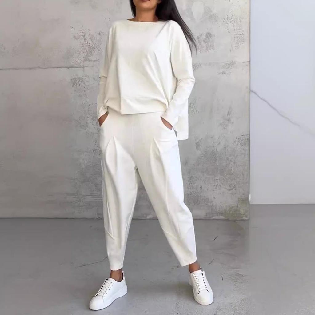 Women's Cross-Border Irregular Design Long-Sleeve Sweatshirt and Harem Pants Set, 2024.