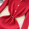 Autumn Winter Women Casual Turn-down Collar Knitted Sweater Long Midi Red Pullover Dresses
