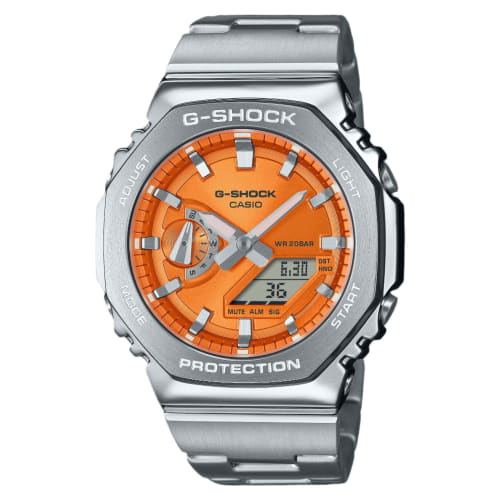 

Casio G-Shock Octagonal Orange Stainless Steel Watch GM2110D-4A Silver Modern, Silver., Modern