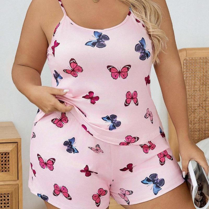 Summer Slim Butterfly Print Camisole Shorts Pajama Suit Plus Size Homewear