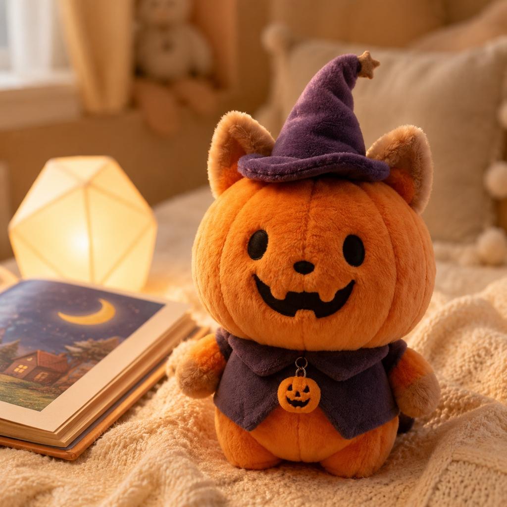 Plush Halloween Pumpkin Cat Doll Soft Stuffed Toy Witch Hat Costume Decorative Figure for Kids and Collectors Halloween Plush Toy Gift
