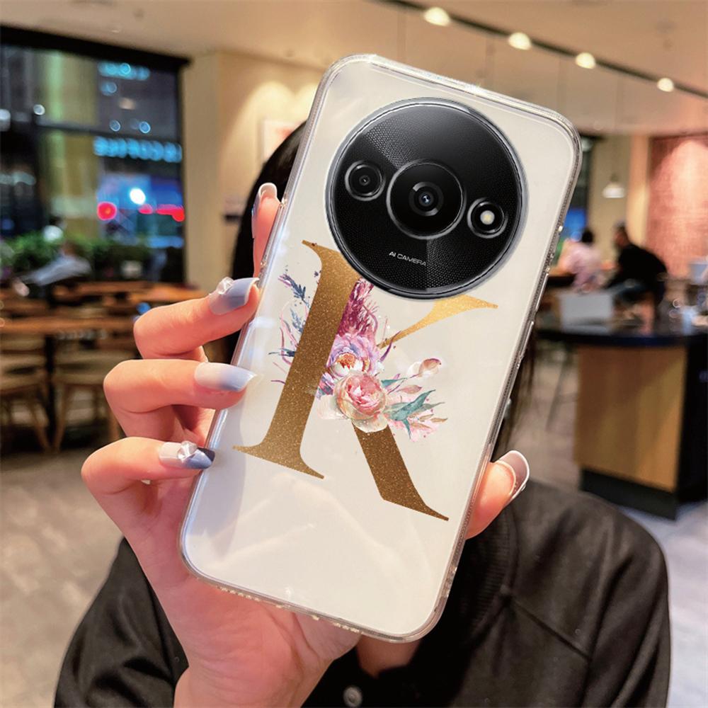 Phone Case For Xiaomi Redmi A3 Redmia3 Transparent Silicone Camera Protection Colorful Flowers Golden Letters A-Z Clear Cover