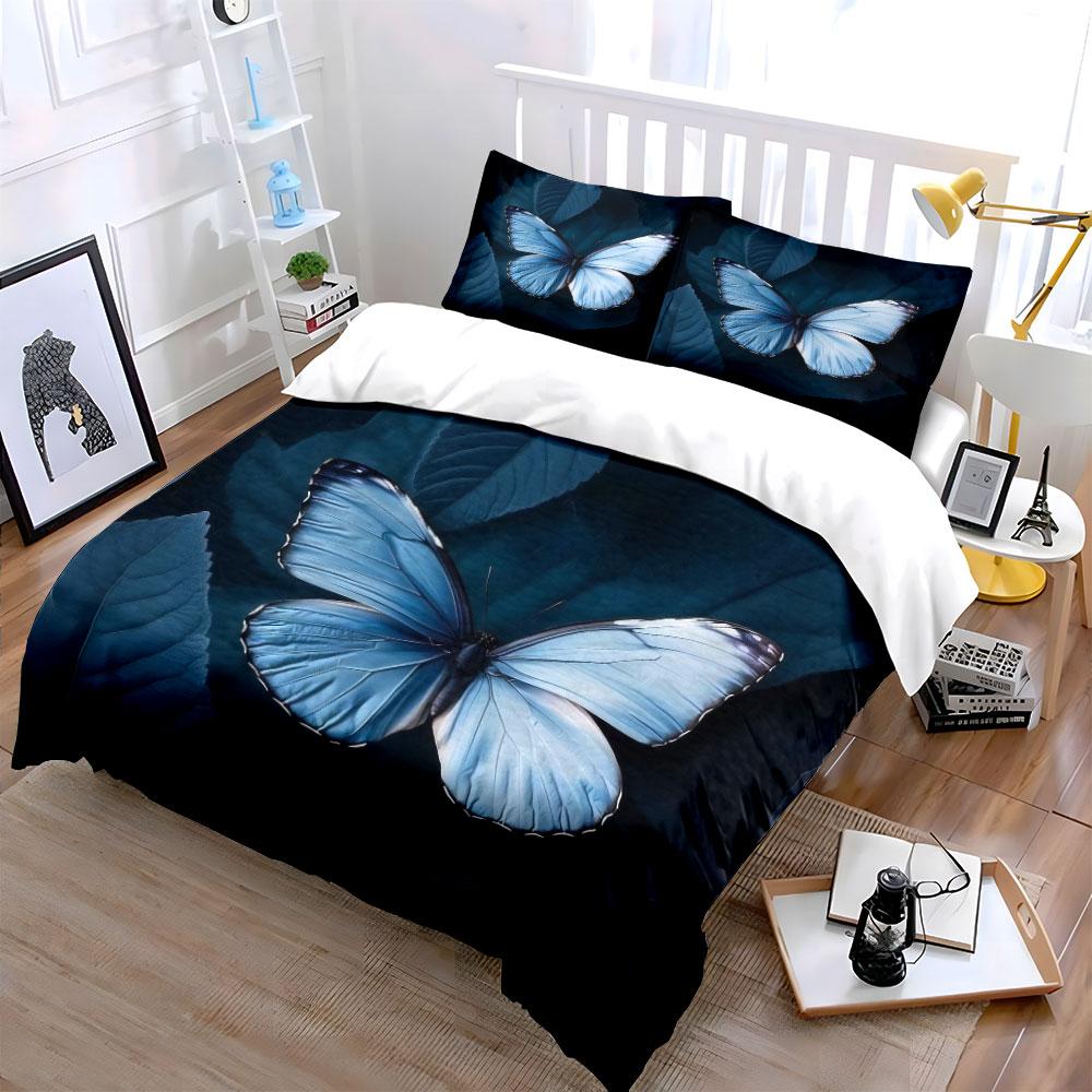 Blue Butterfly Decorative Set Bedding Set With 1 Duvet Cover 2 Pillowcases Single Double King Queen, Gift