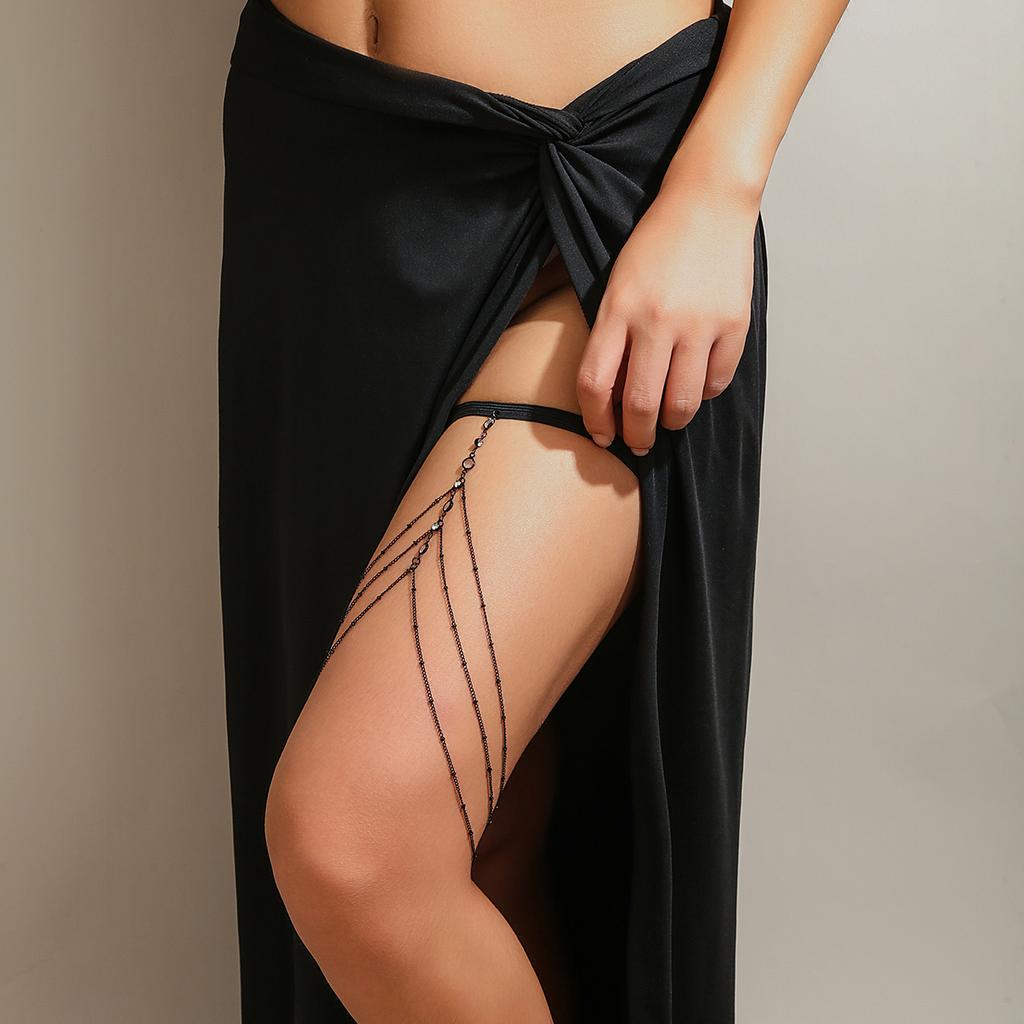 Ingemark Goth Multilayer Tassel Leg Thigh Chain for Women Trendy Elastic Band Crystal Link Summer Body Jewelry Dress Accessories