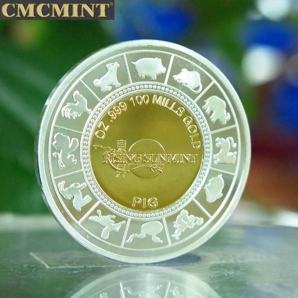 Year of the Pig Metal Coin 1 Oz Gold and Silver Plated Round Souvenir Collectible Coins D40.2*3.2mm серебряный
