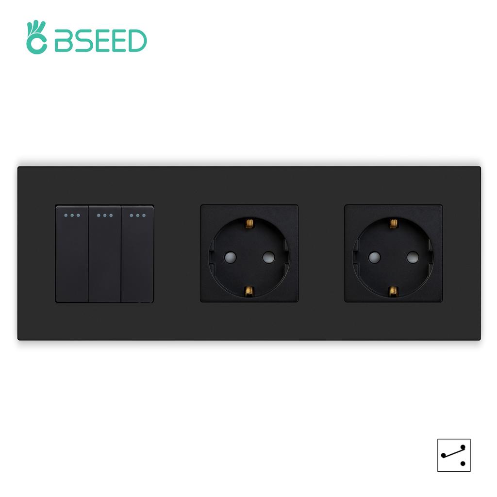 BSEED 1/2/3Gang Mechanical Button Switches 2Way For Stairs Plus EU Sockets USB Type-c Power Ports Matte Plastic Frames Black