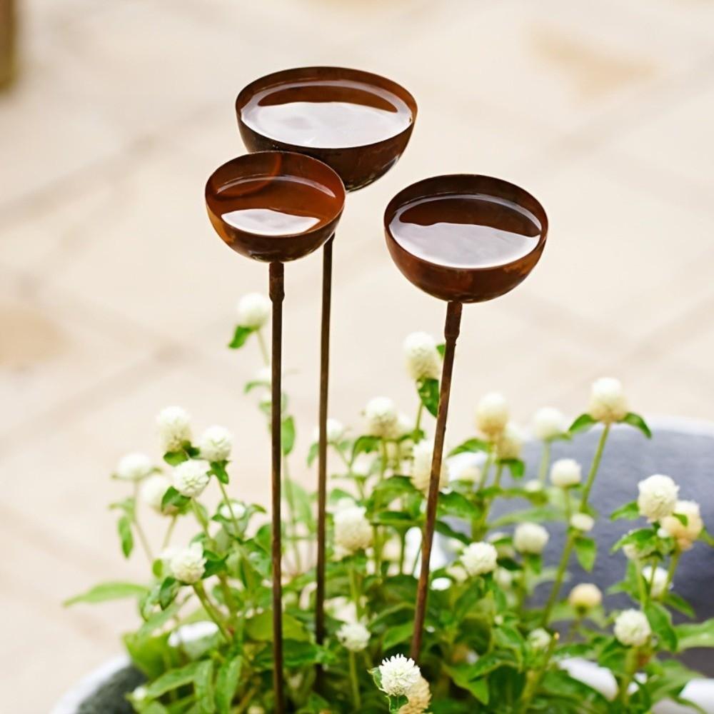Long Stem Rain Collectors 3-Tier Bowl Rusty Bird Feeder Retro Rain Catcher Outdoor Ornaments