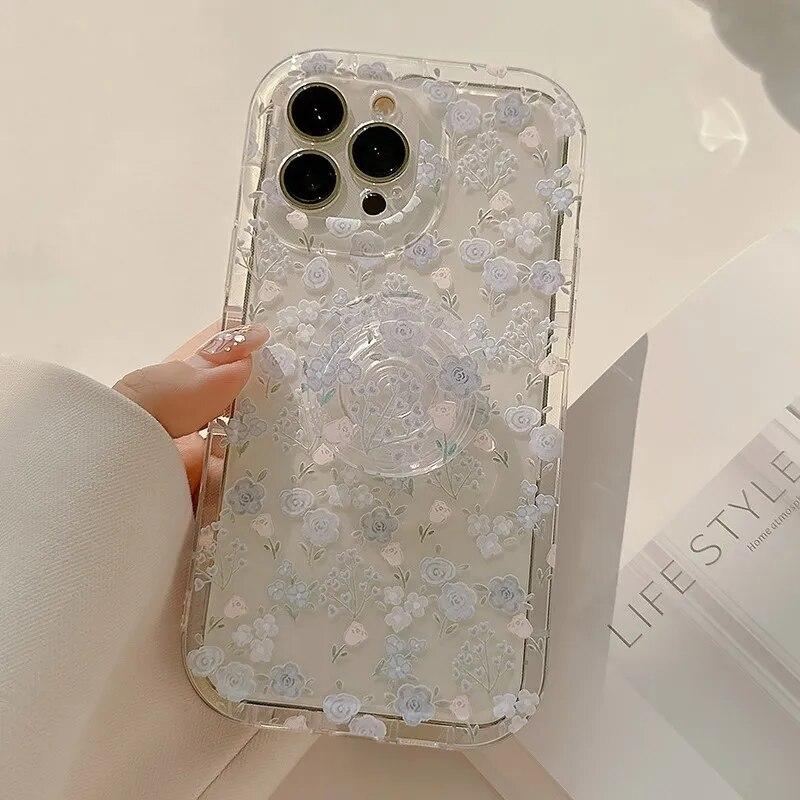 Husă de telefon din silicon cu flori drăguță, transparentă, pentru iPhone 15 14 13 12 11 Pro Max, husă de protecție moale, moale, antișoc, cu suport