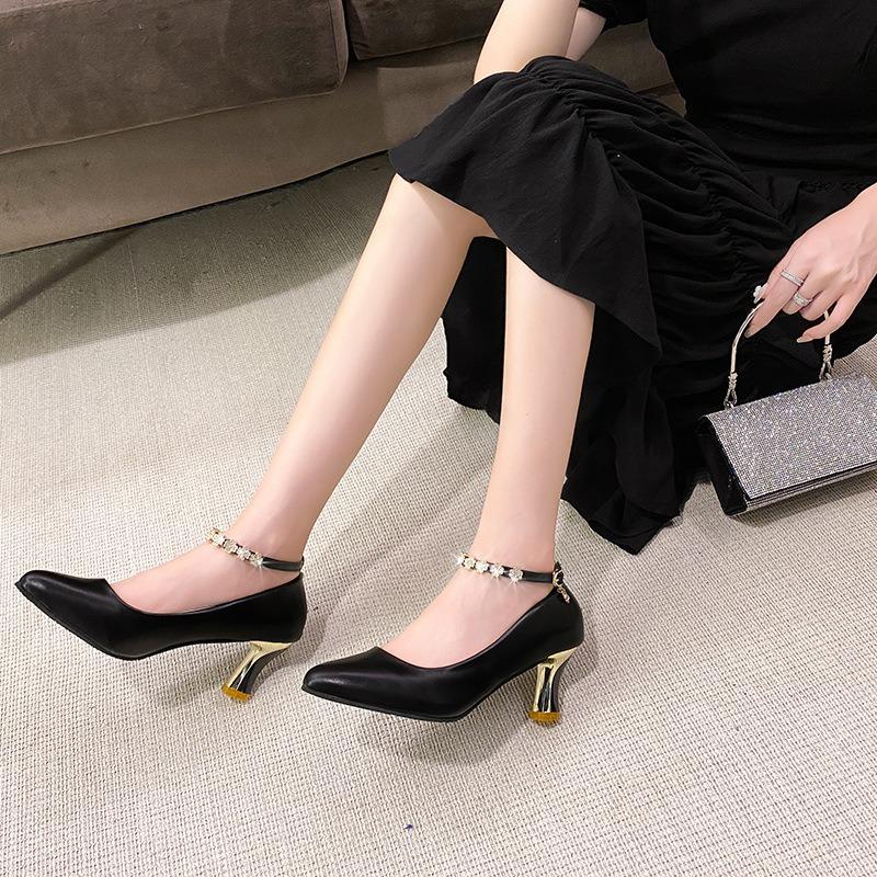 Spring and Summer Pointed Head Shallow Mouth Women's Single Shoes Metal Decorative Buckle Rhinestone Fashion Women's Shoes Stiletto High Heels