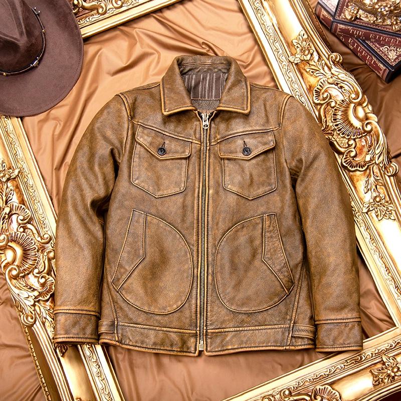 Chinese Size Vintage Men Leather Jacket Soft Genuine Cowhide Spring Autumn