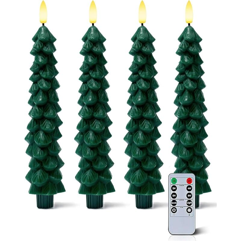 Christmas Tree Candles w/Remote Timer Paraffin Waxy Taper Candle Flickering Battery Operated LED Candlesticks 3D Flame Wick Lamp