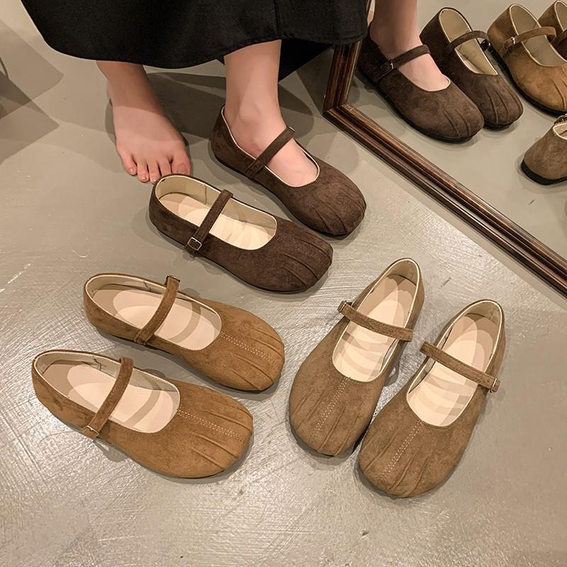Flat-bottomed suede Mary Jane single shoes women's new spring and autumn retro shallow mouth French gentle evening shoes