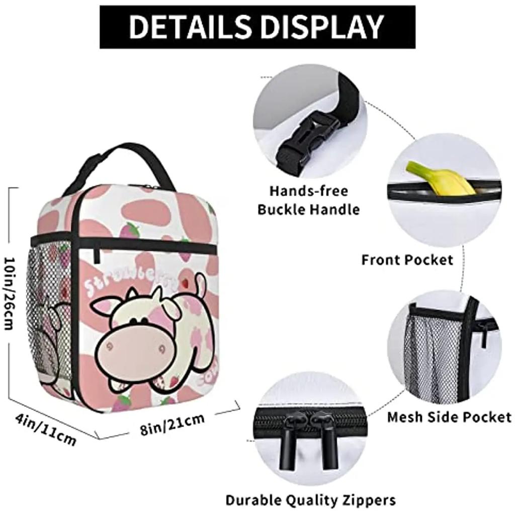 Strawberry Milk Cow Lunch Box Kids Boys Girls Insulated Lunch Bag for Women Men Thermal Lunch Bags Bento Box Adult Lunch Box