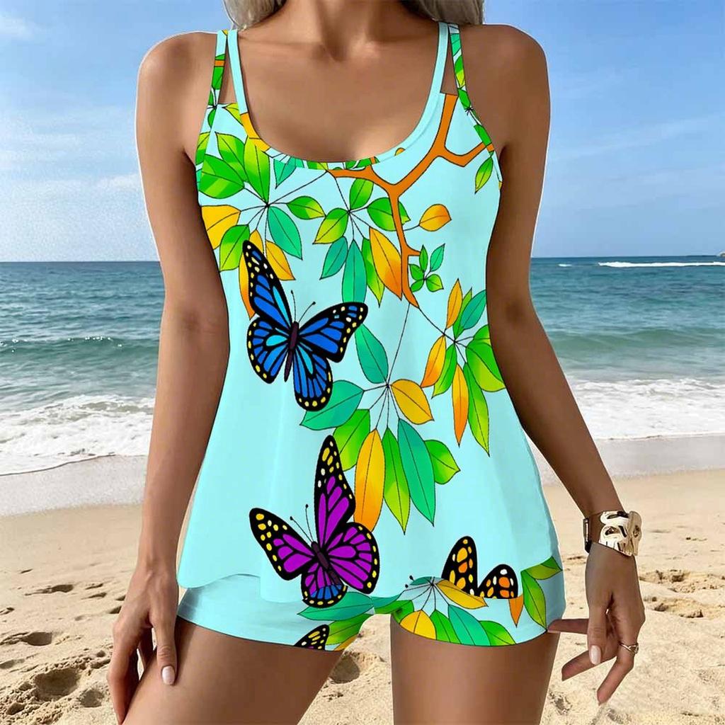 Women's Swimwear Tankini 2 Piece Swimsuit Butterfly Flowers  Pattern Vacation Bathing Suits