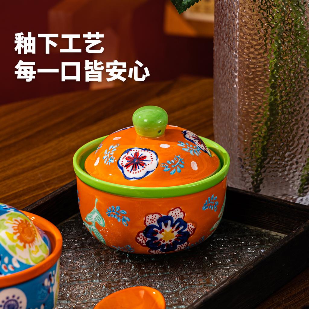 Underglaze Porcelain Rice Bowl Set Floral Design Ceramic Tableware High Aesthetic Soup Bowl